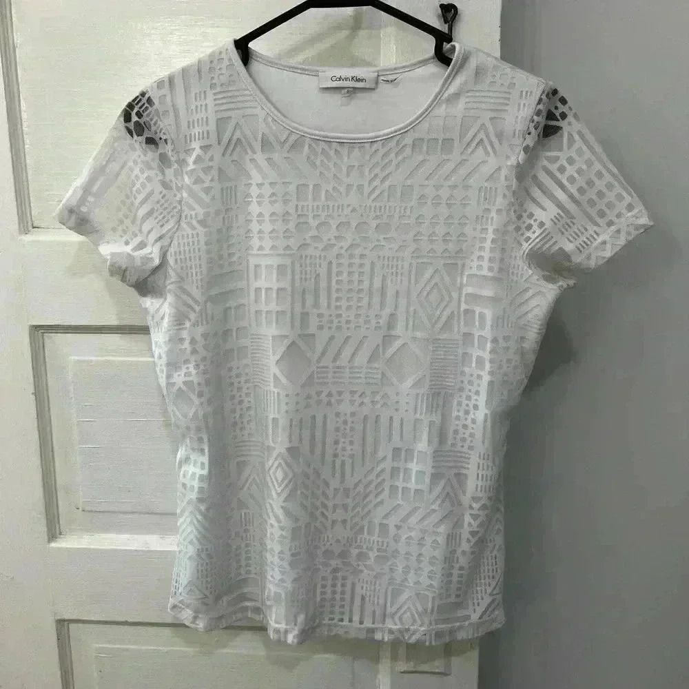 Calvin Klein white double line see-through work‎ blouse